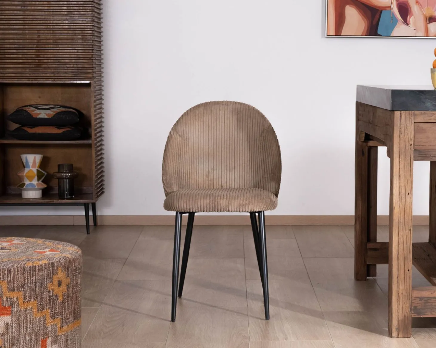 Lot de 4 chaises de repas en velours côtelé taupe esprit vintage "Bellot"