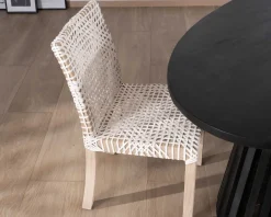 Lot de 2 chaises de repas en teck et cuir blanc tressé 