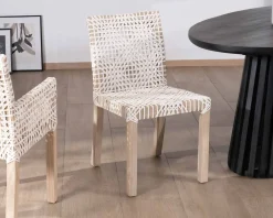 Lot de 2 chaises de repas en teck et cuir blanc tressé 