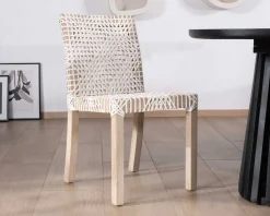 Lot de 2 chaises de repas en teck et cuir blanc tressé 