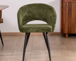 Lot de 2 chaises de repas en velours côtelé kaki et pieds métal 