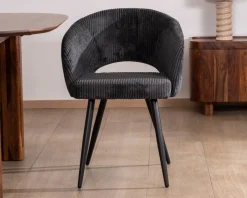 Lot de 2 chaises de repas en velours côtelé anthracite et pieds métal noir vintage 