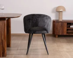 Lot de 2 chaises de repas en velours côtelé anthracite et pieds métal noir vintage 