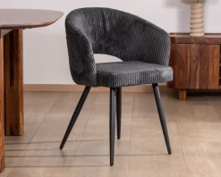 Lot de 2 chaises de repas en velours côtelé anthracite et pieds métal noir vintage 