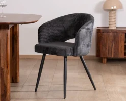 Lot de 2 chaises de repas en velours côtelé anthracite et pieds métal noir vintage 