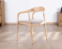 Lot de 2 chaises de repas épurées en acacia avec assise tissu beige 