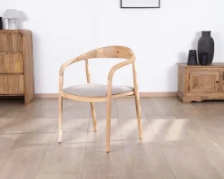 Lot de 2 chaises de repas épurées en acacia avec assise tissu beige 