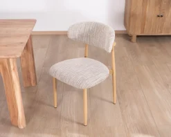 Lot de 2 chaises de repas esprit rétro en tissu beige tramé marron "Arpège" pieds métal aspect bois clair