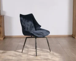Lot de 2 chaises de repas style vintage en tissu bleu foncé et pieds métal design 