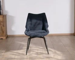 Lot de 2 chaises de repas style vintage en tissu bleu foncé et pieds métal design 
