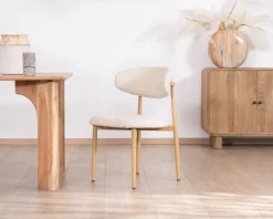 Lot de 2 chaises de repas scandinaves en tissu tramé blanc cassé "Arpège" pieds métal aspect bois clair