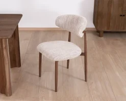 Lot de 2 chaises de repas rétro en tissu tramé beige et marron "Arpège" pieds métal aspect noyer