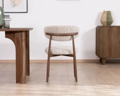 Lot de 2 chaises de repas rétro en tissu tramé beige et marron "Arpège" pieds métal aspect noyer