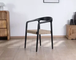 Lot de 2 chaises design en bois noir et assise jute tressée 