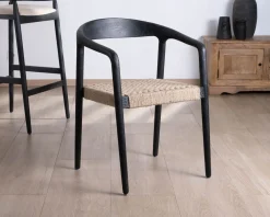Lot de 2 chaises design en bois noir et assise jute tressée 