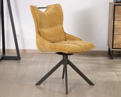 Lot de 2 chaises en tissu jaune moutarde sur pied rotatif en métal 