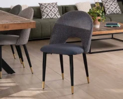 Lot de 2 chaises en tissu bleu foncé et pieds métal laqué noir 
