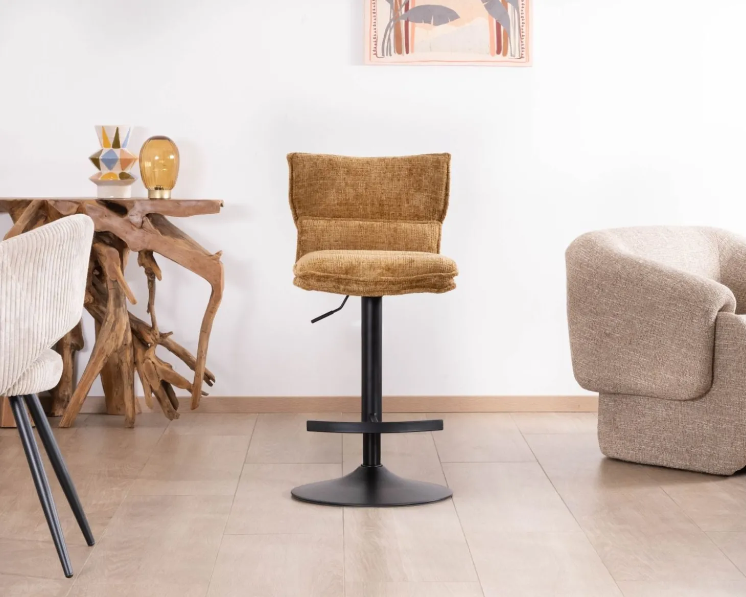 Lot de 2 chaises hautes en tissu moutarde "Topley" assise réglable en hauteur