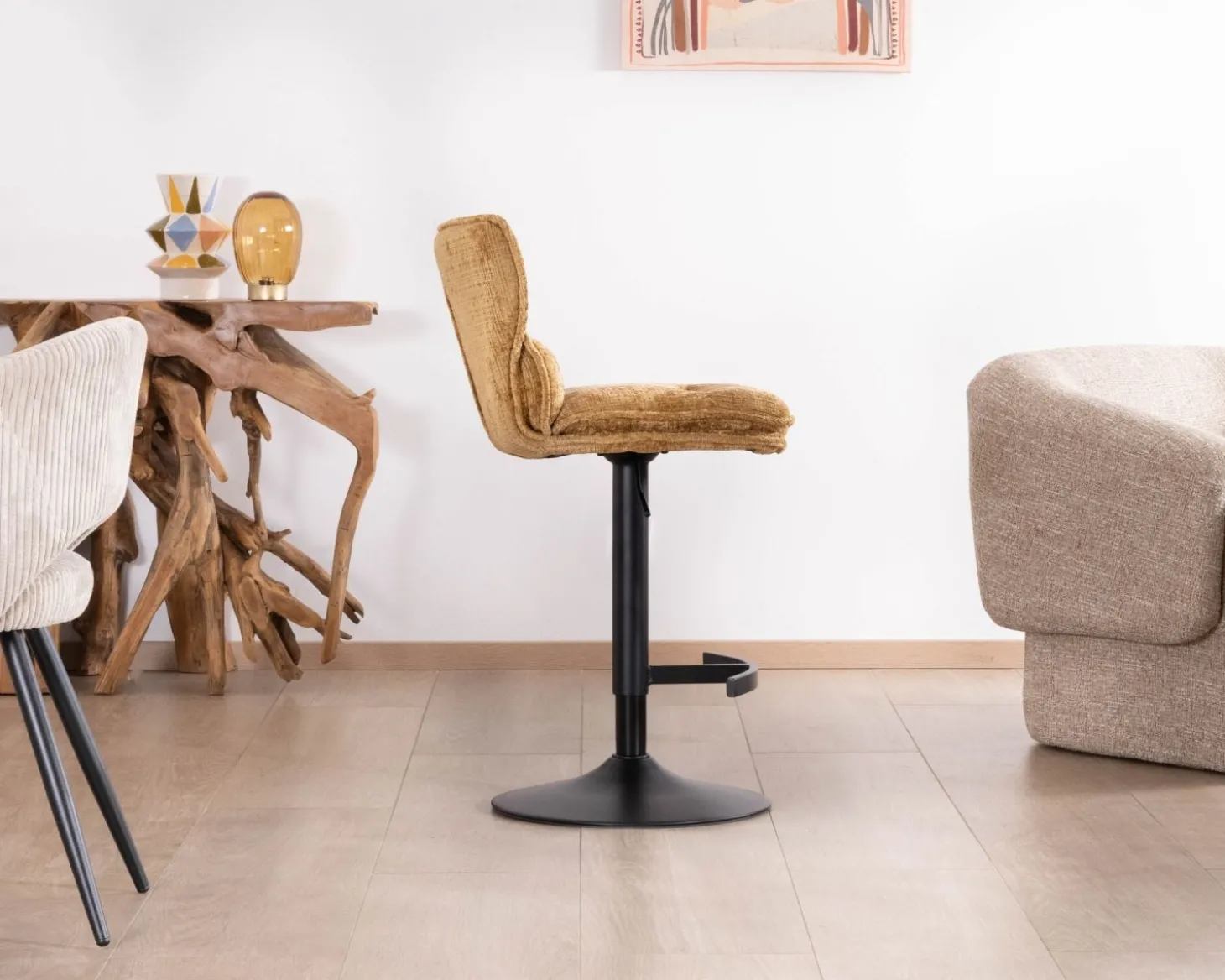 Lot de 2 chaises hautes en tissu moutarde "Topley" assise réglable en hauteur