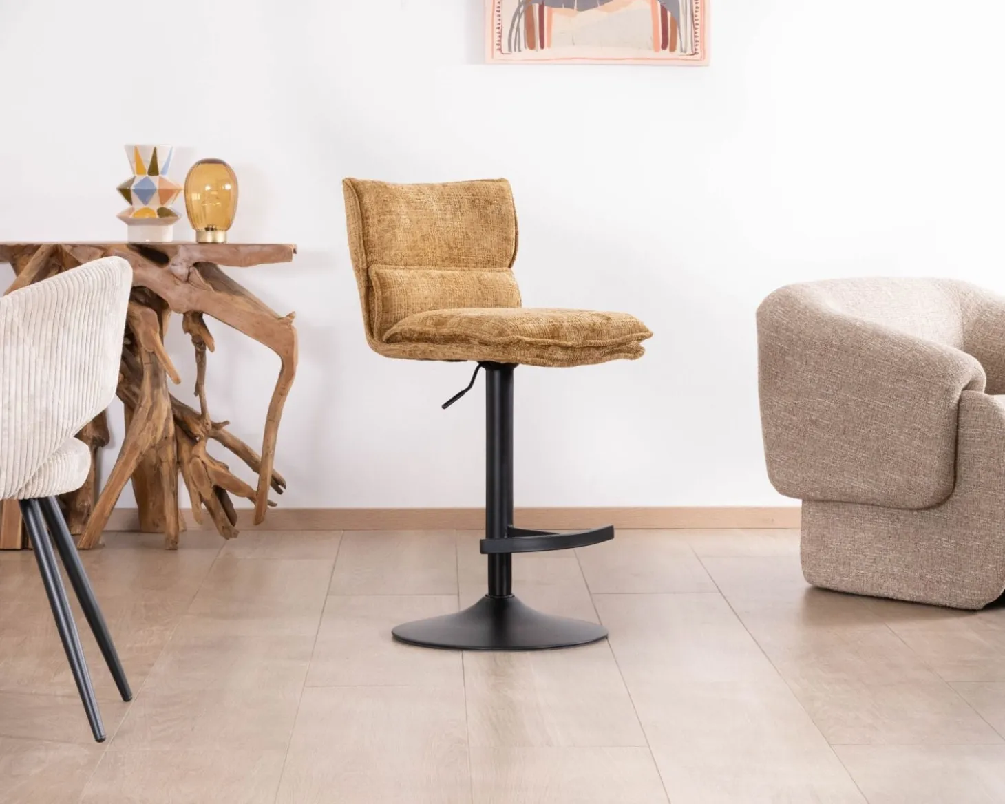 Lot de 2 chaises hautes en tissu moutarde "Topley" assise réglable en hauteur