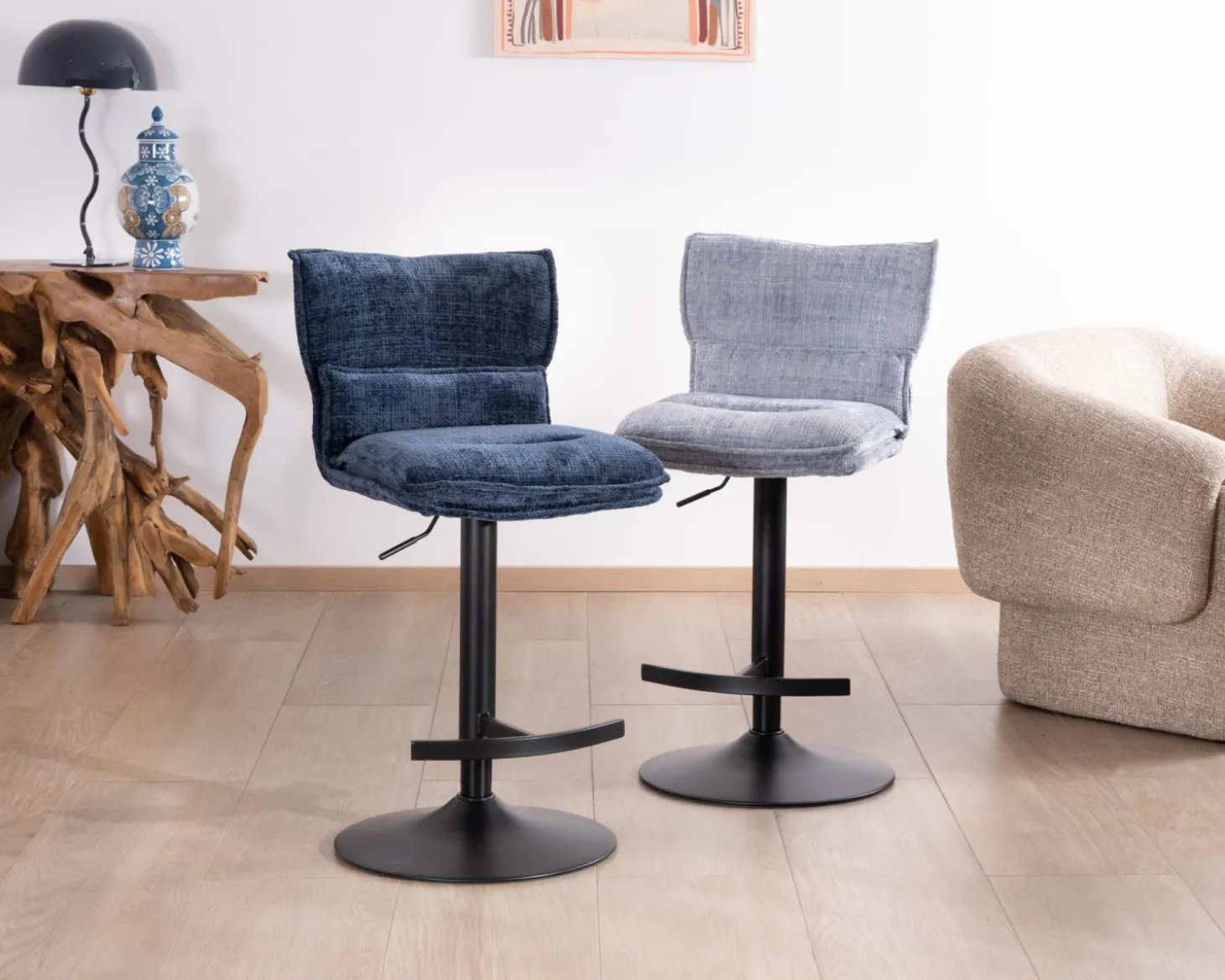 Lot de 2 chaises hautes matelassées réglables en hauteur "Topley" tissu coloris bleu nuit