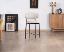 Lot de 2 chaises mi-hauteur rétro en tissu tramé beige et marron "Arpège" pieds métal aspect noyer