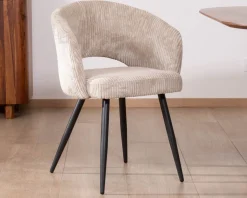 Lot de 2 chaises vintage en velours côtelé blanc cassé et pieds métal noir 