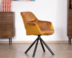 Lot de 2 fauteuils de repas pivotants et enveloppants en tissu bi texturé jaune moutarde 