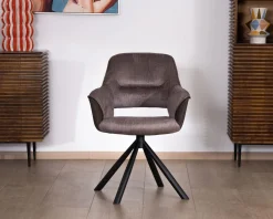 Lot de 2 fauteuils de repas enveloppants en tissu bi texturé chocolat et pied pivotant en métal 