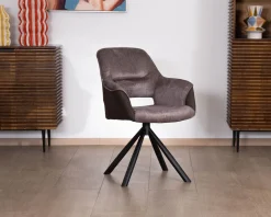 Lot de 2 fauteuils de repas enveloppants en tissu bi texturé chocolat et pied pivotant en métal 