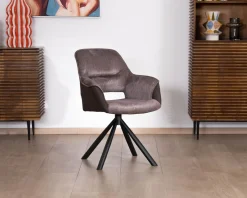 Lot de 2 fauteuils de repas enveloppants en tissu bi texturé chocolat et pied pivotant en métal 
