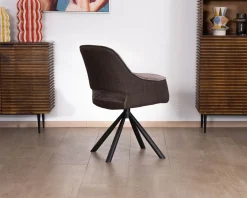 Lot de 2 fauteuils de repas enveloppants en tissu bi texturé chocolat et pied pivotant en métal 