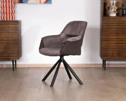 Lot de 2 fauteuils de repas enveloppants en tissu bi texturé chocolat et pied pivotant en métal 