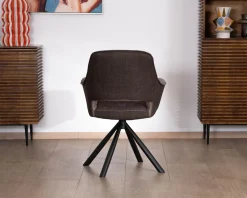 Lot de 2 fauteuils de repas enveloppants en tissu bi texturé chocolat et pied pivotant en métal 