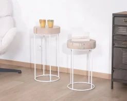 Lot de 2 tables d'appoint rondes blanchies en bois et métal "Nervure"