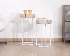 Lot de 2 tables d'appoint rondes blanchies en bois et métal 