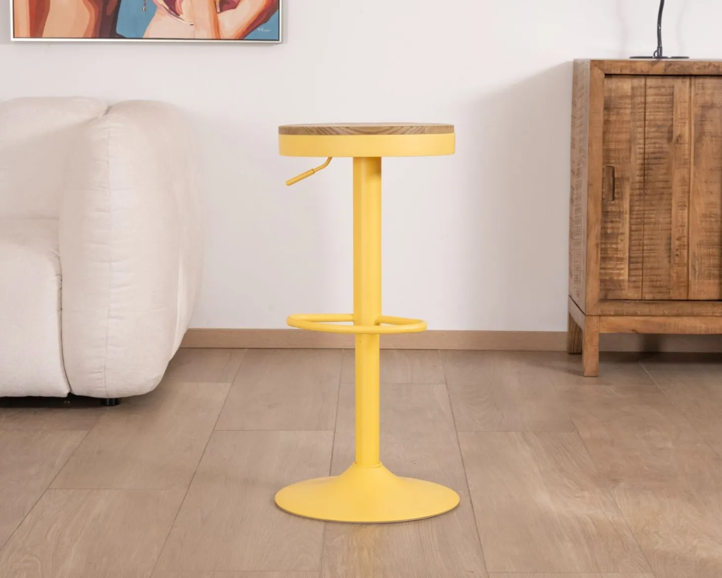Lot de 2 tabourets en métal jaune acidulé avec assise bois "Juo" hauteur réglable