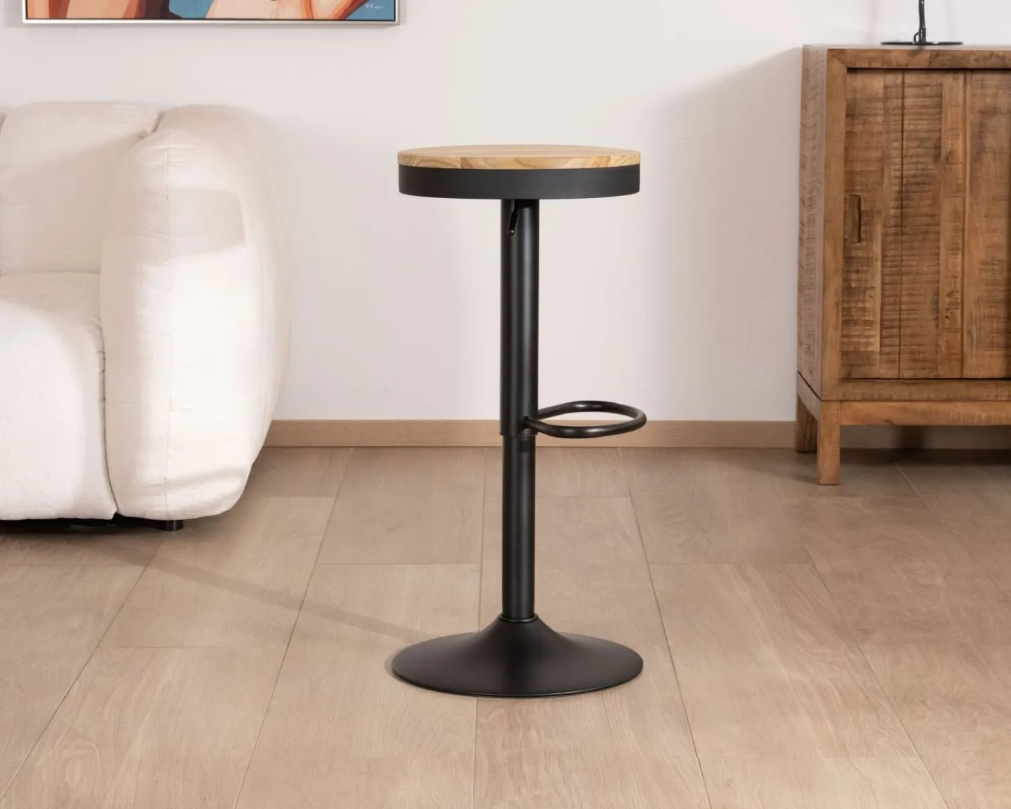 Lot de 2 tabourets réglables en hauteur avec assise bois "Juo" en métal noir