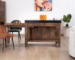 Îlot de cuisine en teck recyclé avec coin snack extensible "Grana" plateau marbre noir