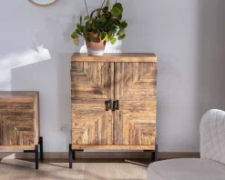 Meuble de rangement bas acacia style ethnique piètement métal "Géonidum"