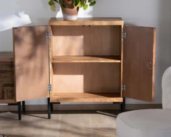 Meuble de rangement bas acacia style ethnique piètement métal "Géonidum"