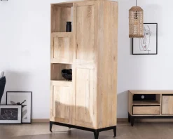 Meuble de rangement haut en manguier naturel et noir design épuré 