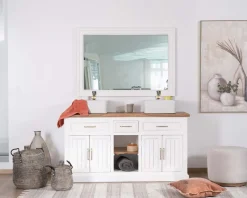 Meuble de salle bain double en acacia naturel et blanc 