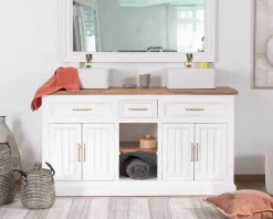 Meuble de salle bain double en acacia naturel et blanc 