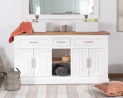 Meuble de salle bain double en acacia naturel et blanc 