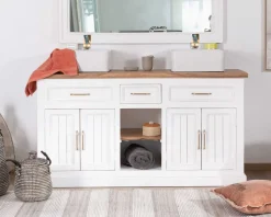 Meuble de salle bain double en acacia naturel et blanc 