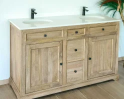 Meuble de salle de bain 2 vasques manguier et quartz blanc 