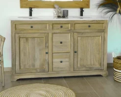 Meuble de salle de bain 2 vasques manguier et quartz blanc 