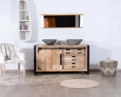Meuble de salle de bain bois massif et pieds métal 