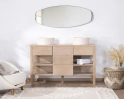 Meuble de salle de bain double en manguier blanchi 140 cm avec niches et tiroirs "Kahiko"